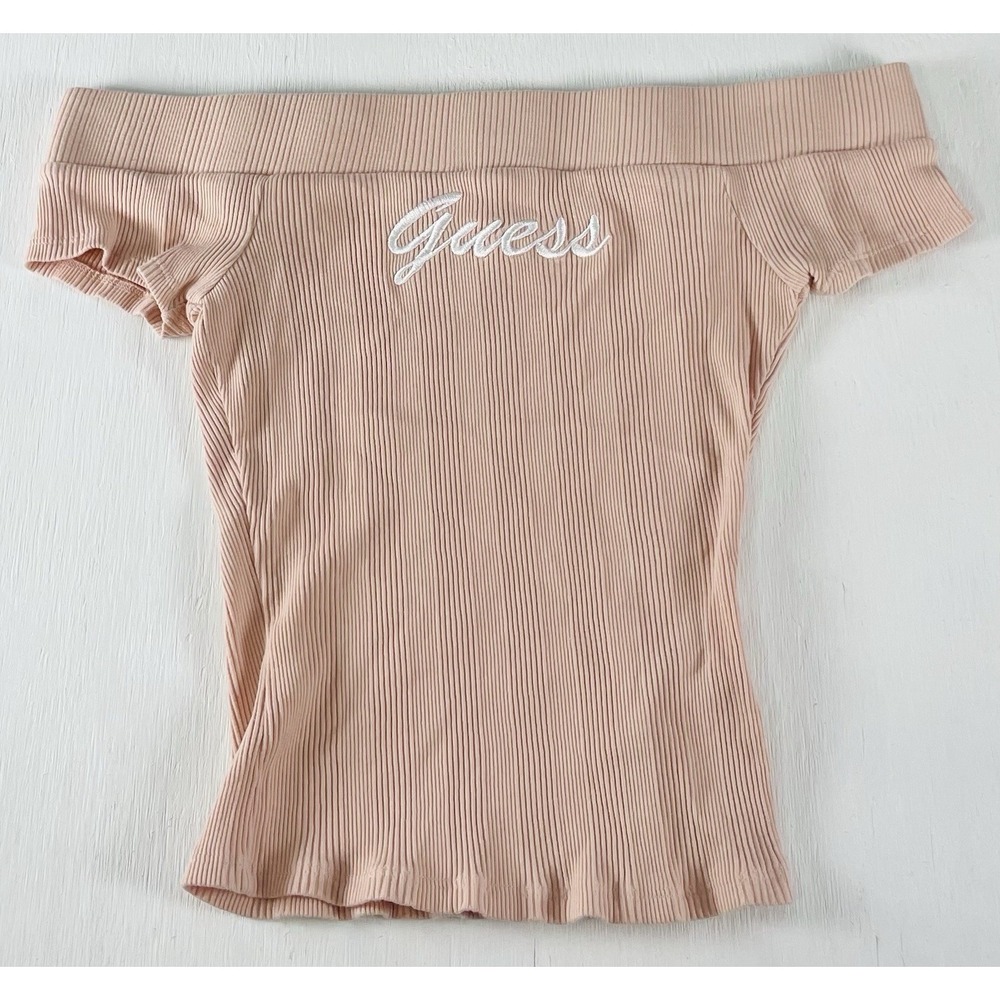Guess Y2K Off The Shoulder Embroidered Ribbed Top Shirt Women's Size M‎